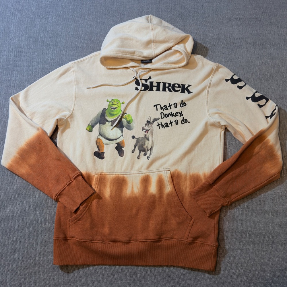 Shrek Tie Dye‎ Hoodie Sweatshirt Cream Orange Graphic Print Men's Medium